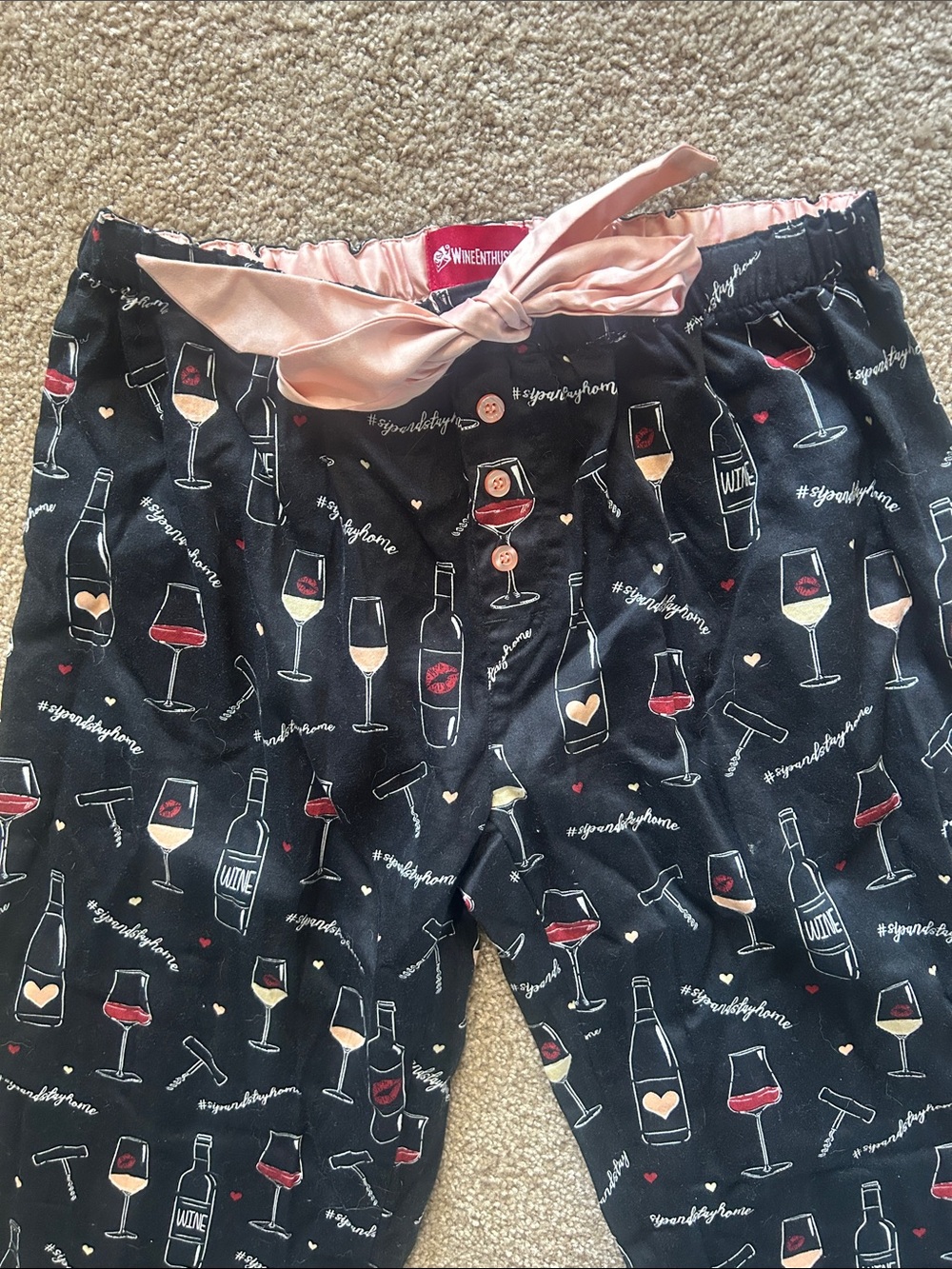 Women’s Black Wine Print Pajama Pants with Pink Tie - Picture 3 of 4